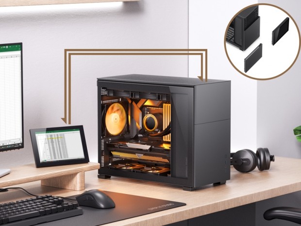 フロントパネルに8型液晶を搭載したミニタワーPCケース、JONSBO「D31
