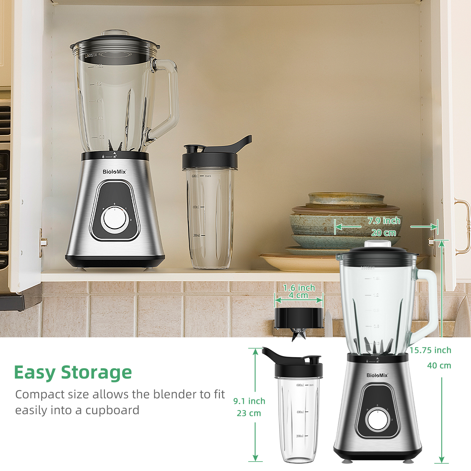 BioloMix 1300W Smoothie Blender with 1.5L Glass Jar, Personal