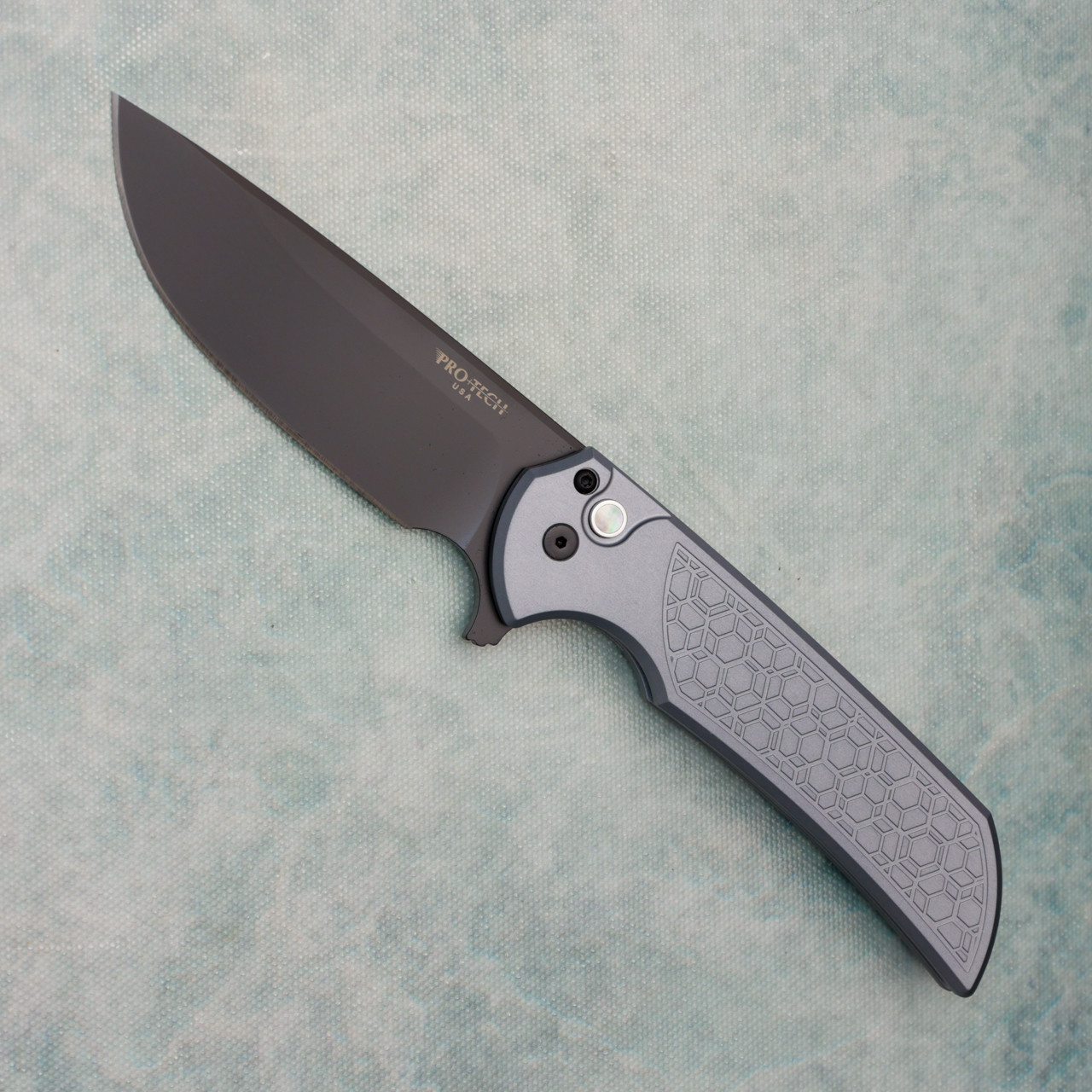 Pro-Tech Mordax Button Lock Flipper Gridlock Textured Gray Handle