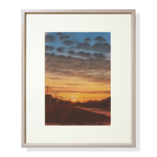 河のある風景・夕焼け（パステル画・マット紙付き）額縁：四つ 絵画