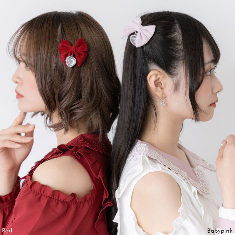 ちびベロアリボンハートパールツインヘアクリップ2個セット