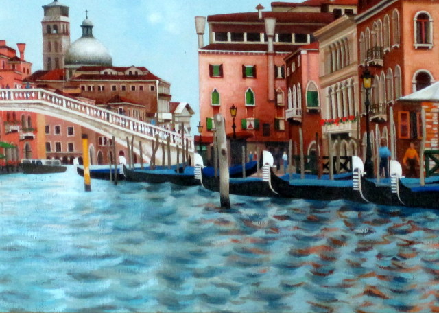 真作】絵画 油彩4号 ベニス風景 ヴェネツィア風景画 海と教会の風景