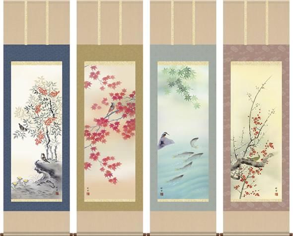 掛軸 掛け軸-四季花鳥[春夏秋冬]/田村竹世 花鳥画掛軸(尺五・桐箱