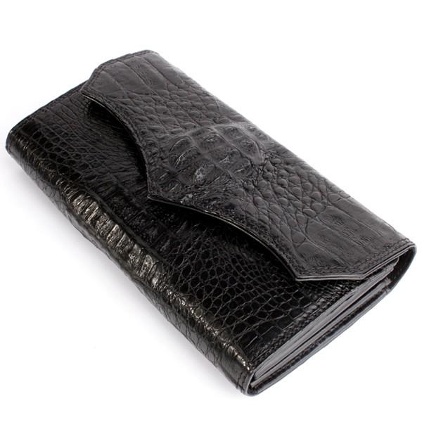 ワニ革カイマン長財布・クラウンブラック/Wステッチ/ジャバラタイプ