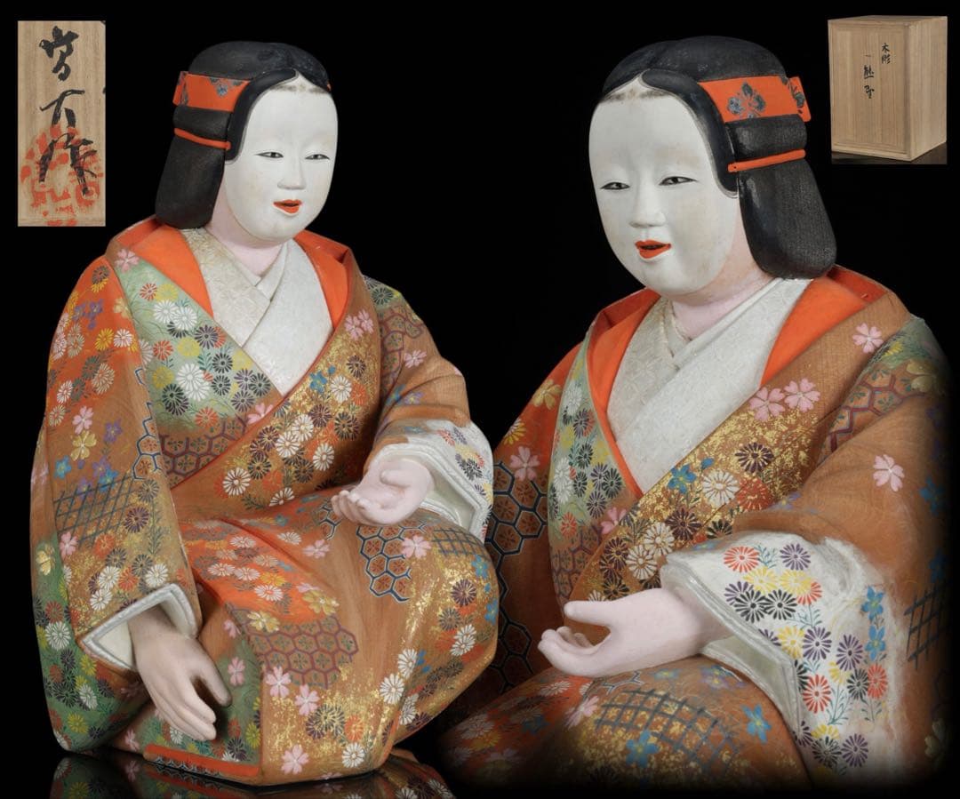 【高古作】木彫彩色 能楽 熊野 能人形 昭和十五年 共箱 二重箱 古美術 骨董品 彫漆箱「新緑」(松本 達弥)｜ギャラリージャパン