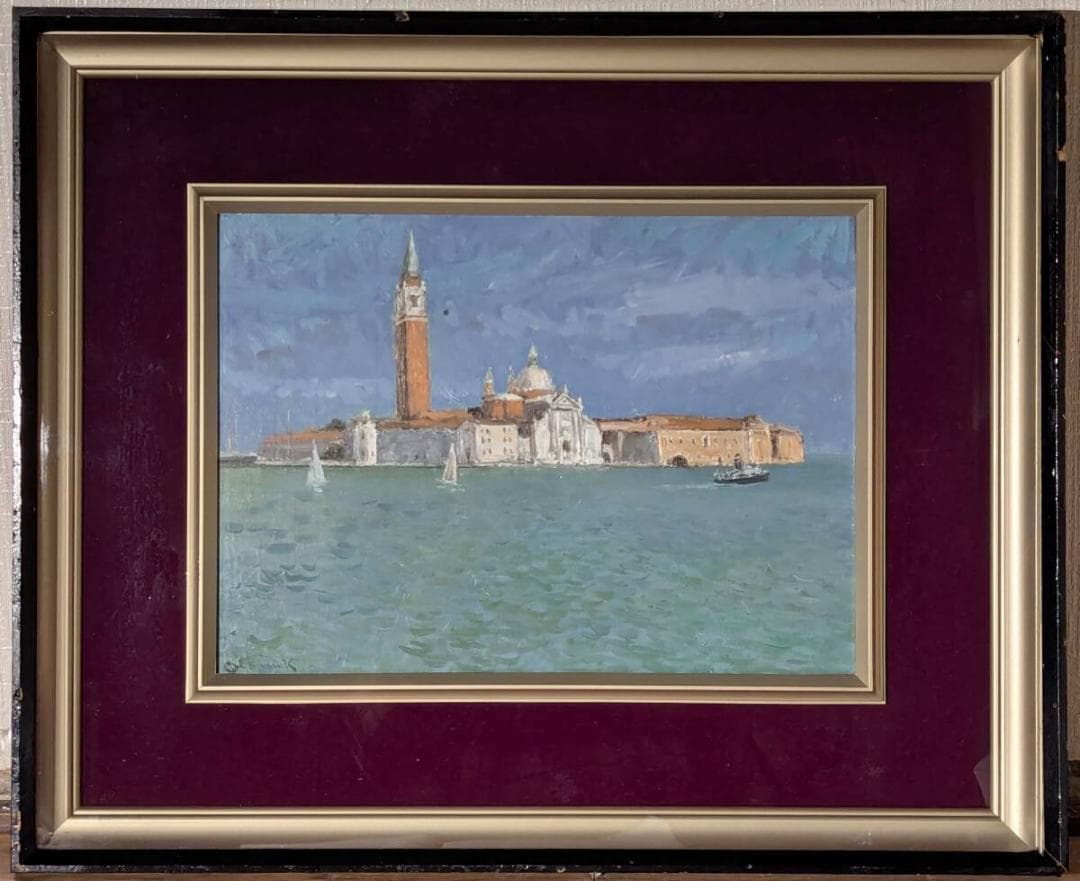 【真作】絵画　油彩4号　ベニス風景　ヴェネツィア風景画　海と教会の風景　X27 真作】絵画 油彩4号 ベニス風景 ヴェネツィア風景画 海と教会の風景