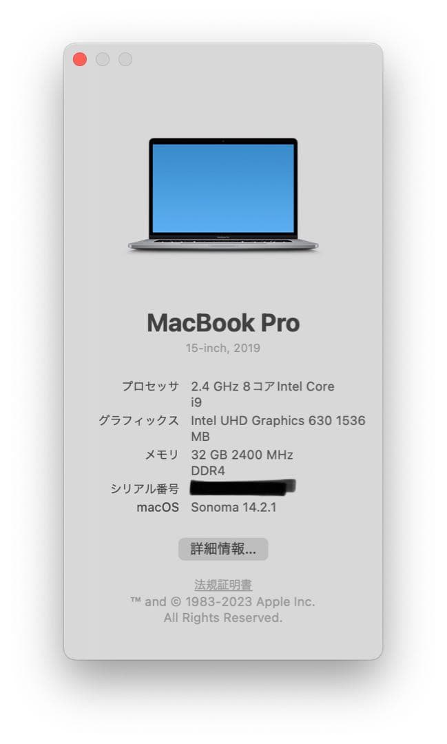 上位仕様：MacBook Pro 15 i9/32GB/2TB スペースグレイ